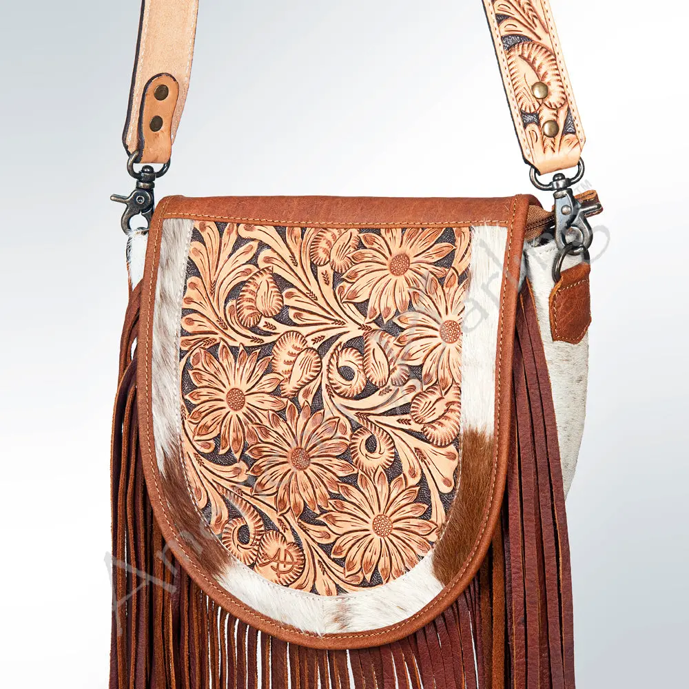 American Darling Messenger Bag Handcrafted From Hair-On Cowhide & Hand Tooled Leather With Fringes And Ykk Zipper 1