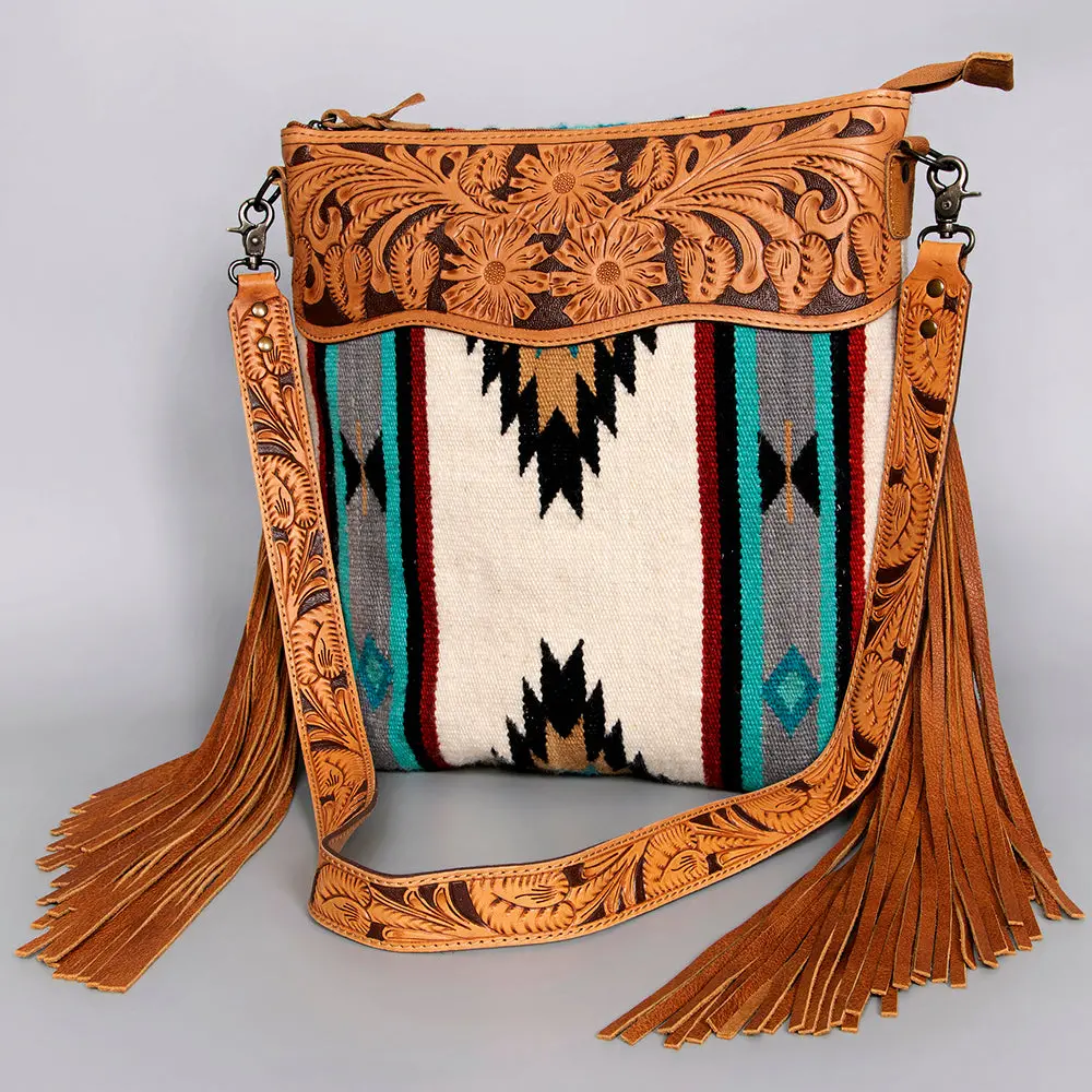 American Darling Large Cross Body Bag - Western Genuine Leather Hand Tooled Floral Purse With Woven Saddle Blanket & Fringe 1