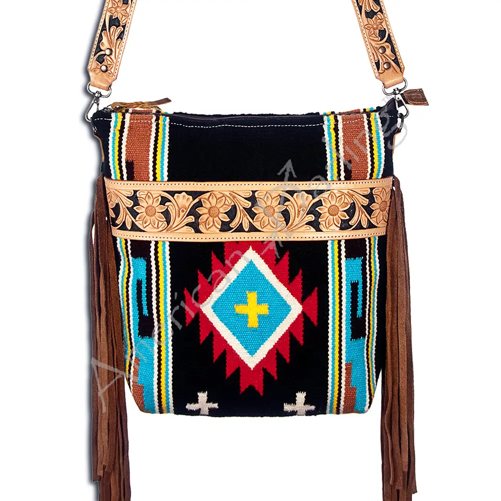 American Darling Large Cross Body Bag - Western Genuine Leather Hand Tooled Floral Purse With Woven Saddle Blanket & Fringe 1
