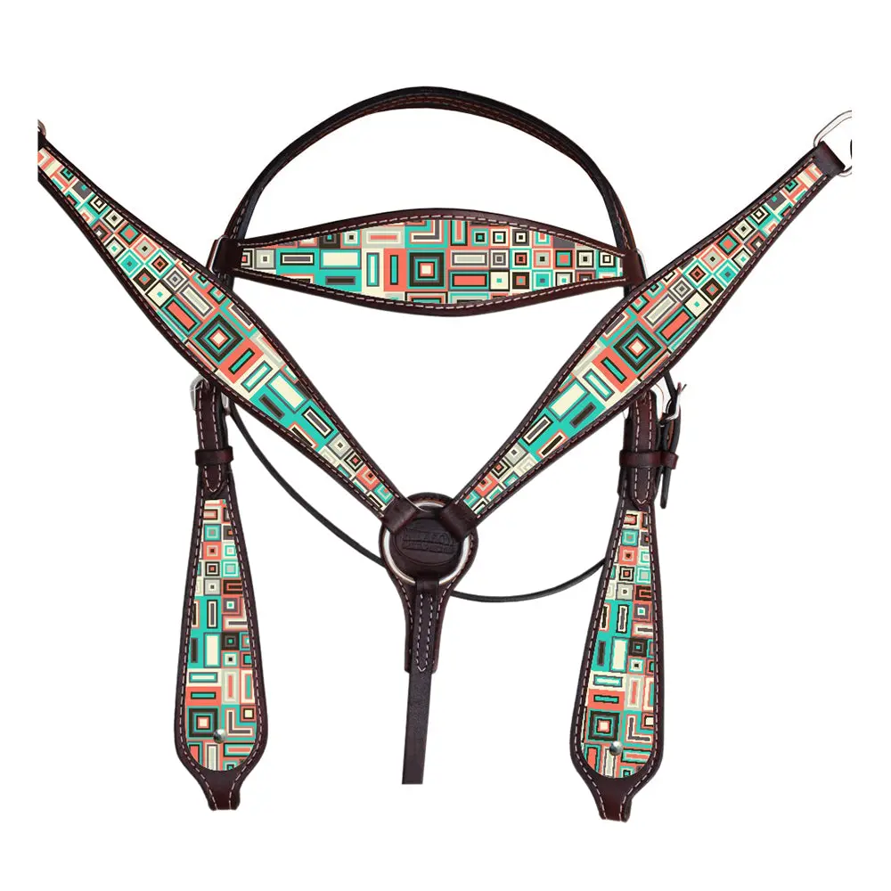 Western Horse Headstall Breast Collar Set American Leather Aztec Hilason 1