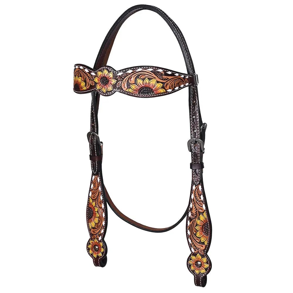Hilason Western Horse Headstall Breast Collar Wither Strap Leather Sunflower Carving | Tack For Horses 3