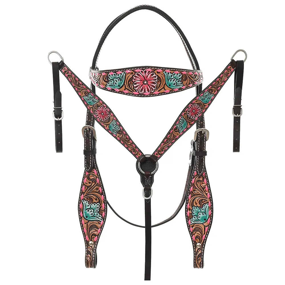 Hilason Western Horse Headstall & Breast Collar American Leather Hand Carving 1