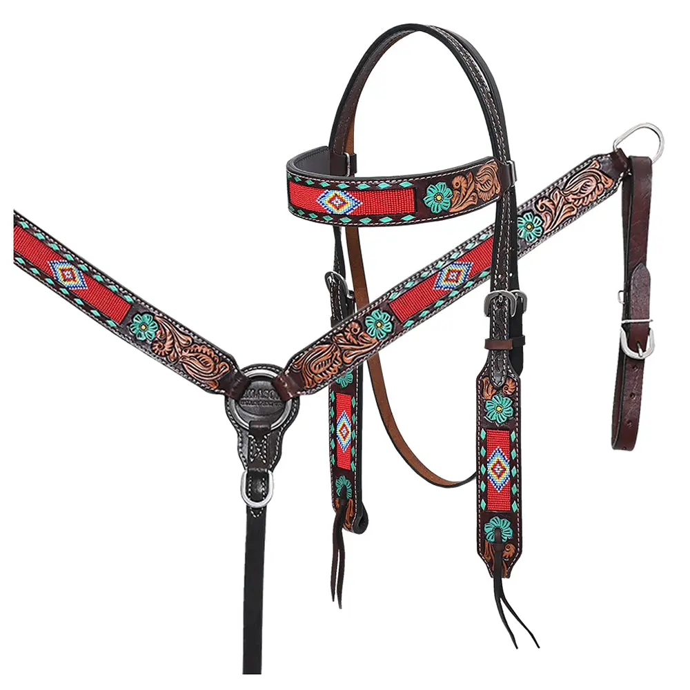 Hilason Western Horse Headstall & Breast Collar American Leather Floral Beaded 1
