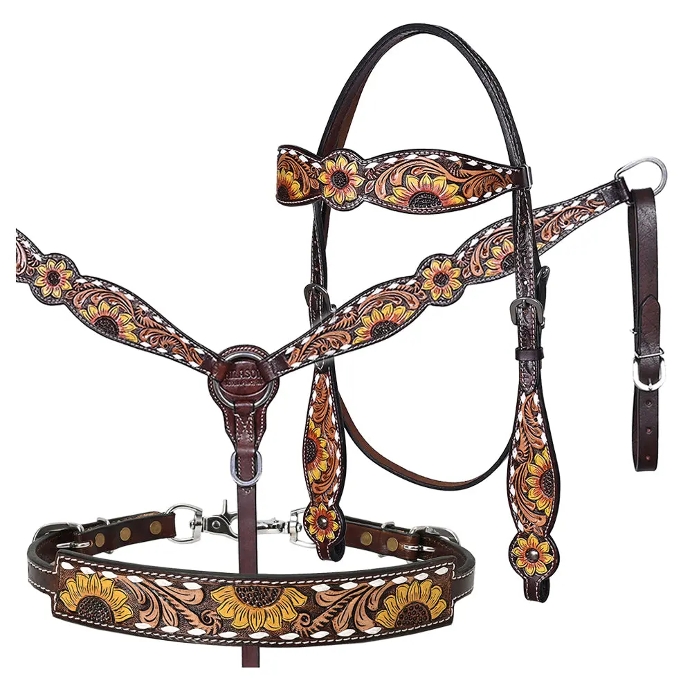 Hilason Western Horse Headstall Breast Collar Wither Strap Leather Sunflower Carving | Tack For Horses 4