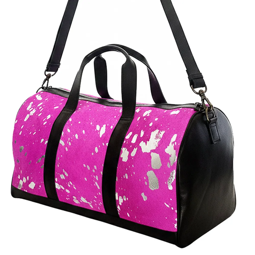 American Darling Handmade Pink Hair-On Leather Duffle Bag For Women, Cowhide Travel Handbag With Shoulder Strap 1