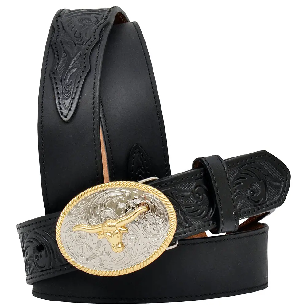 3D Belt Western Boys Basic Longhorn Floral Leather Black 5