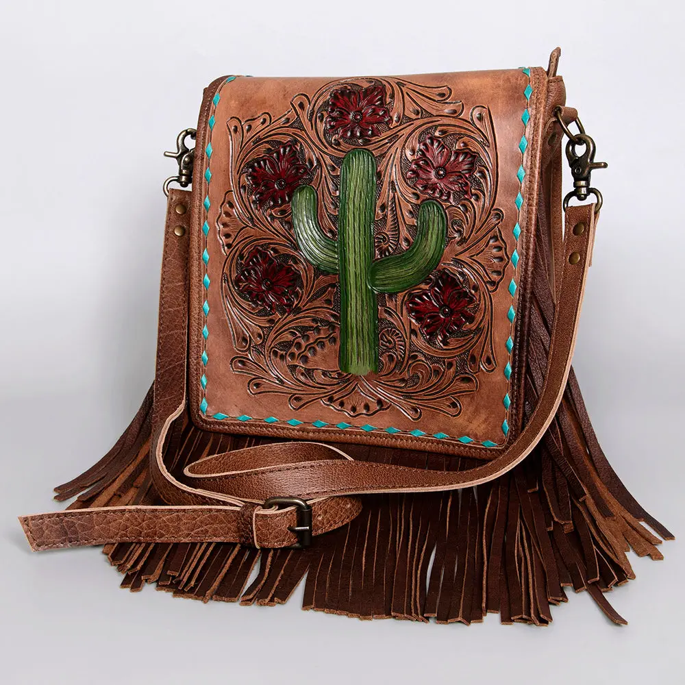 American Darling Messenger Bag Handcrafted From Hand Tooled Cactus & Floral Leather With Fringes And Ykk Zipper 1