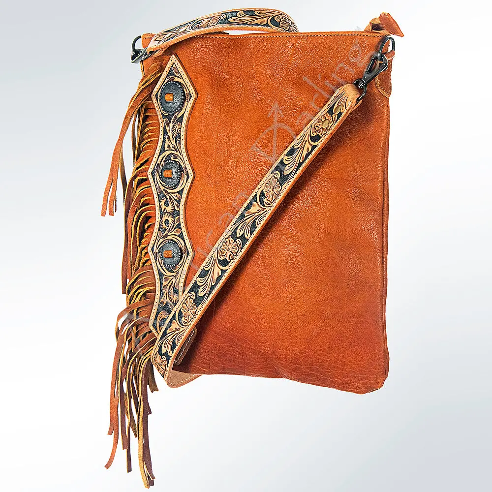 American Darling Chaps Bag Handcrafted From Full Grain Leather With Hand Tooled Panel, Concho, Fringes, And Ykk Zipper 1