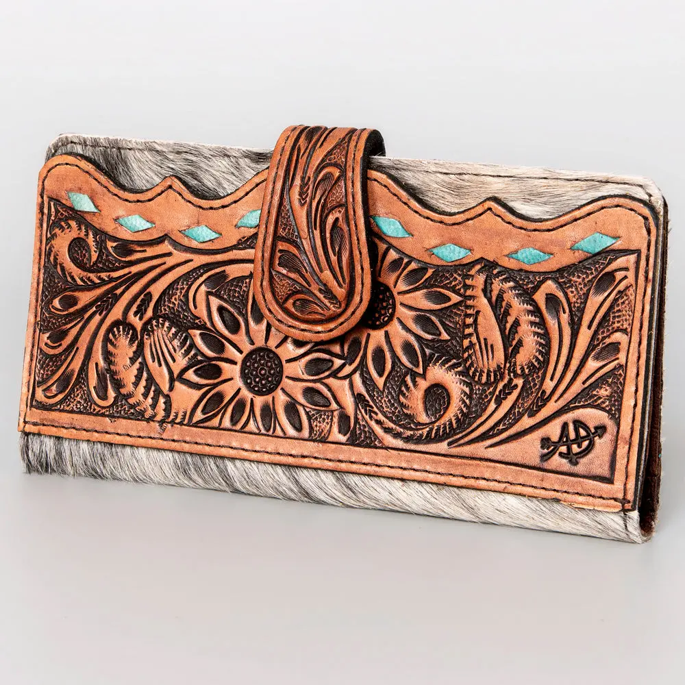 American Darling Western Wallet Bag Hand Tooled Floral Carved Hair-On Cowhide Genuine Vegetable Tanned Leather Travel Clutch 2