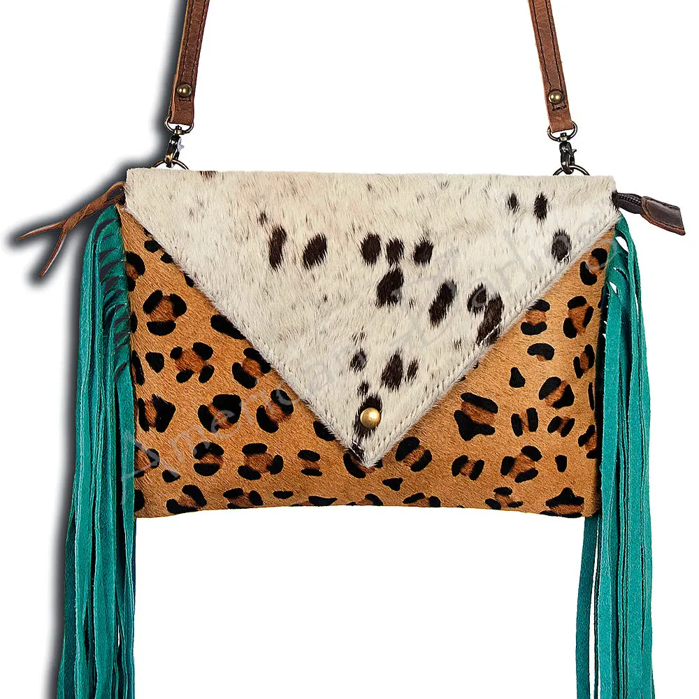 American Darling Western Envelop Bag Fringed Hair-On Cowhide Genuine Vegetable Tanned Leather Crossbody With Ykk Zipper 1