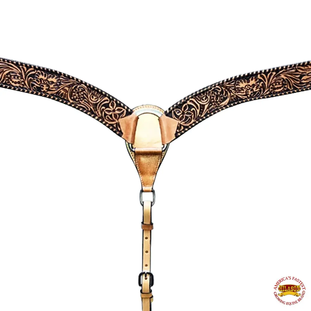 Hilason Horse Floral Hand Carved American Leather Breast Collar Headstall Tan 1