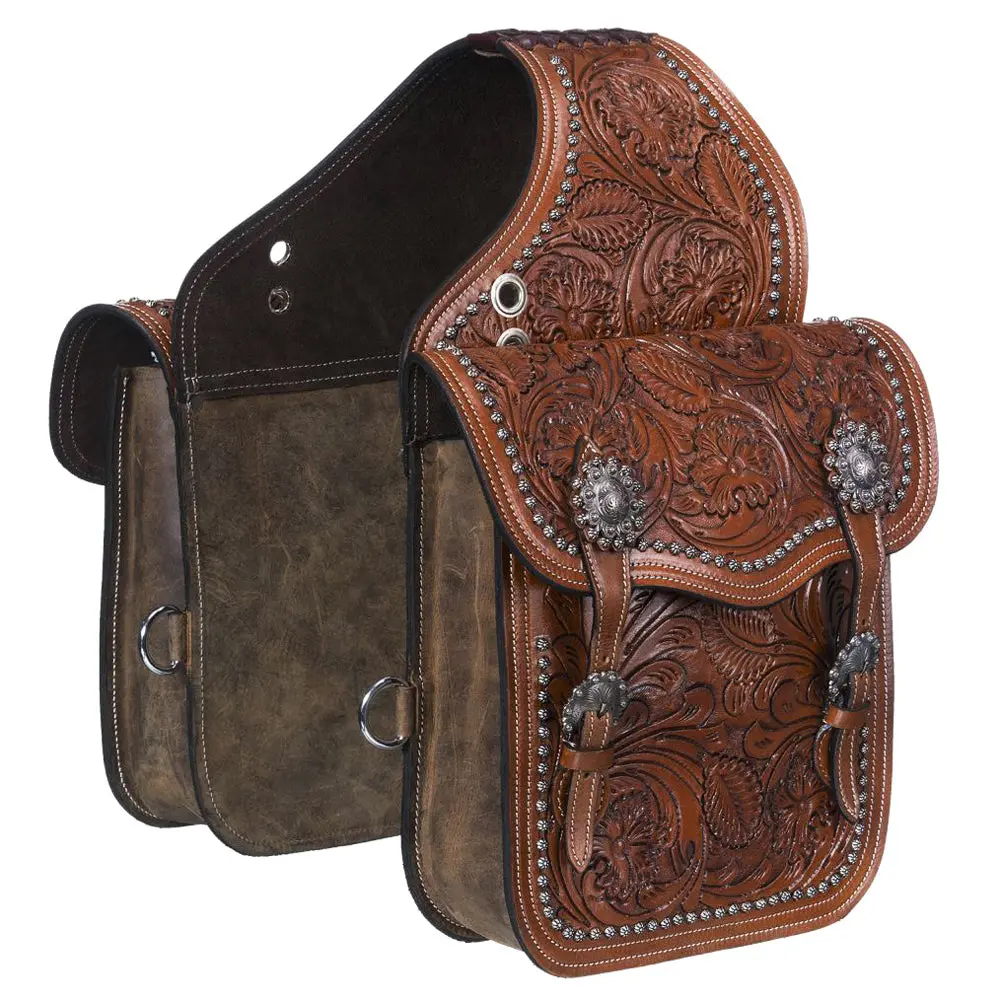 Tough 1 Leather Floral Oak Leaf Tooled Horse Saddle Bag Medium Oil 1