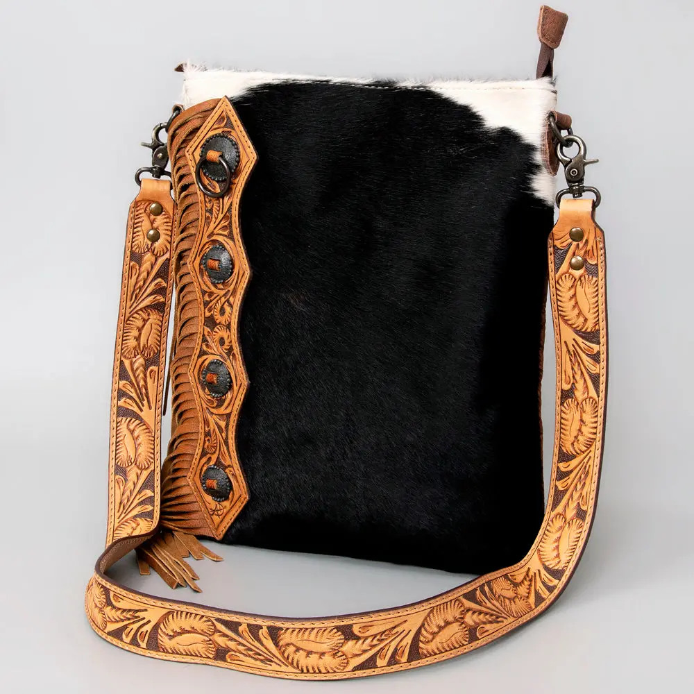 American Darling Chaps Bag Handcrafted From Hand Tooled Leather & Hair-On Cowhide With Concho, Fringes, And Ykk Zipper 1