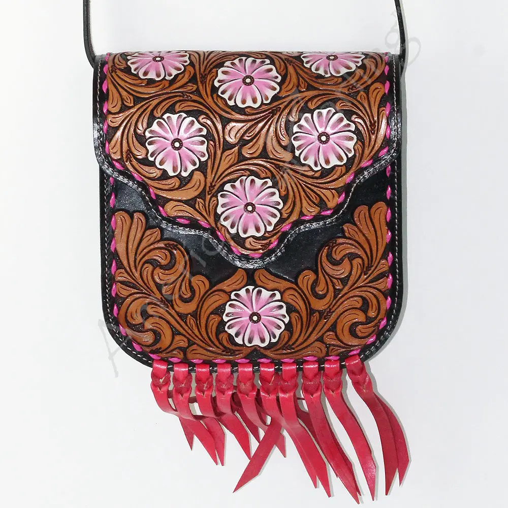 American Darling Messenger Bag Hand Tooled Floral Carved Leather Buck Stitched Fringes Vegetable Tanned Genuine Leather 1