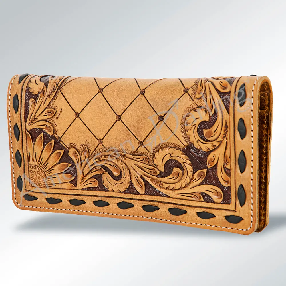 American Darling Western Wallet Bag Hand Tooled Floral Carved Buck Stitched Genuine Vegetable Tanned Leather Purse 1