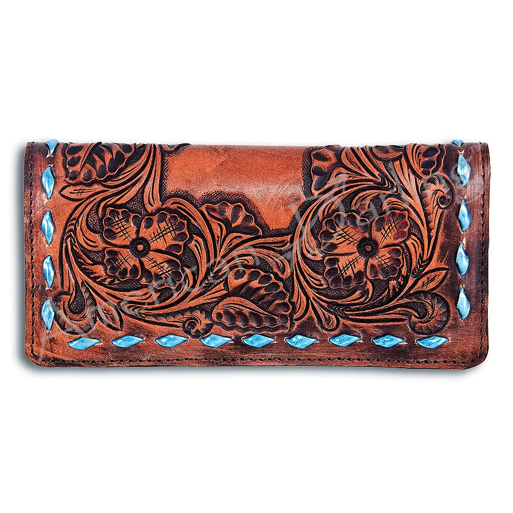 American Darling Western Wallet Bag Hand Tooled Floral Carved Buck Stitched Genuine Vegetable Tanned Leather Purse 1