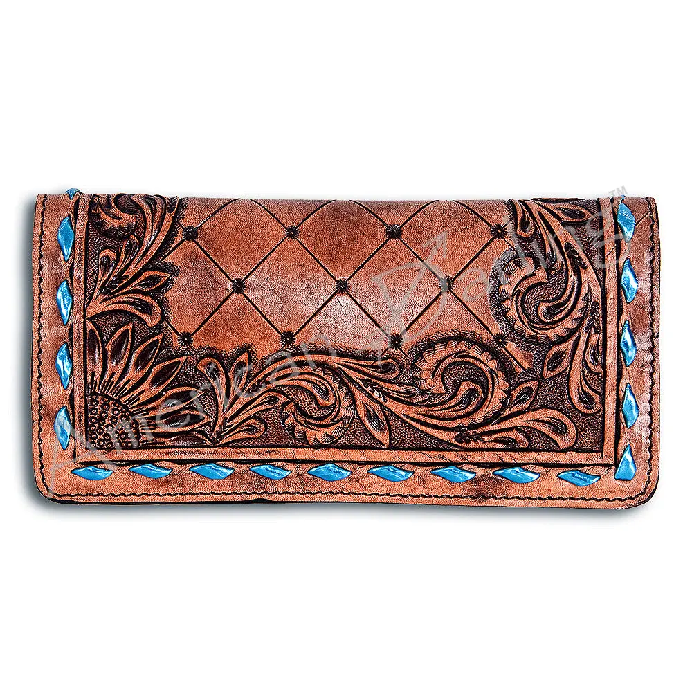 American Darling Western Wallet Bag Hand Tooled Floral Carved Buck Stitched Genuine Vegetable Tanned Leather Purse 1