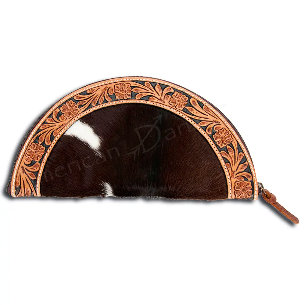 American Darling Taco Bag Handcrafted From Hand Tooled Floral Leather & Hair-On Cowhide With Ykk Zipper 1