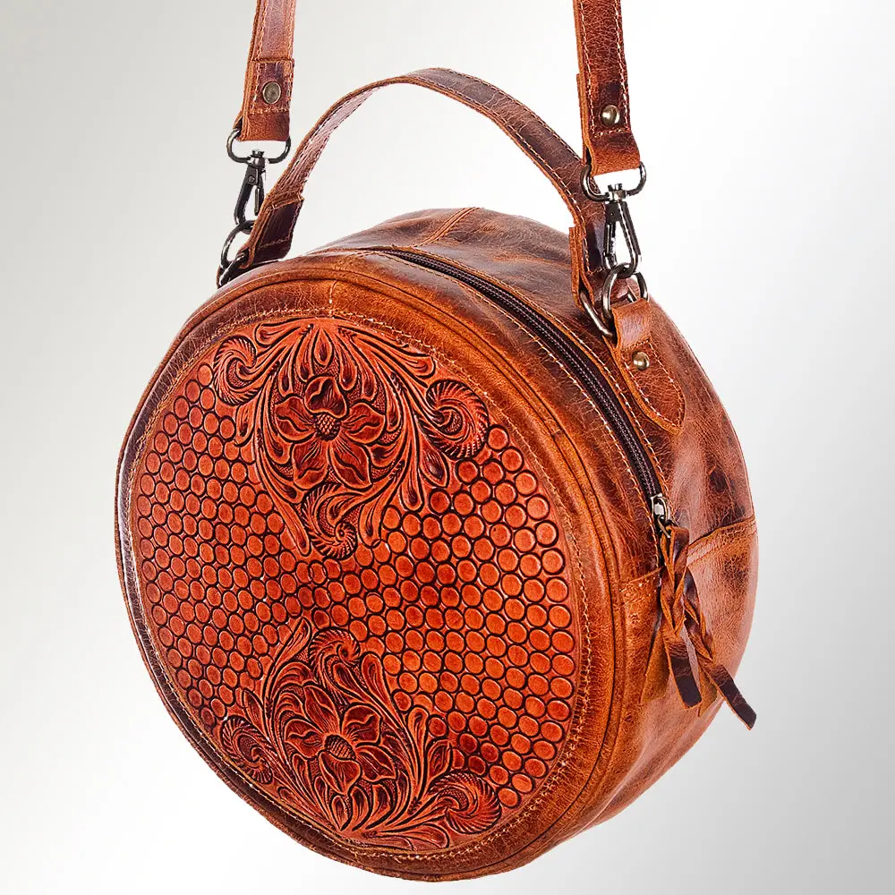 American Darling Western Canteen Bag Hand Tooled Floral Carved Genuine Vegetable Tanned Leather Round Crossbody Purse 1