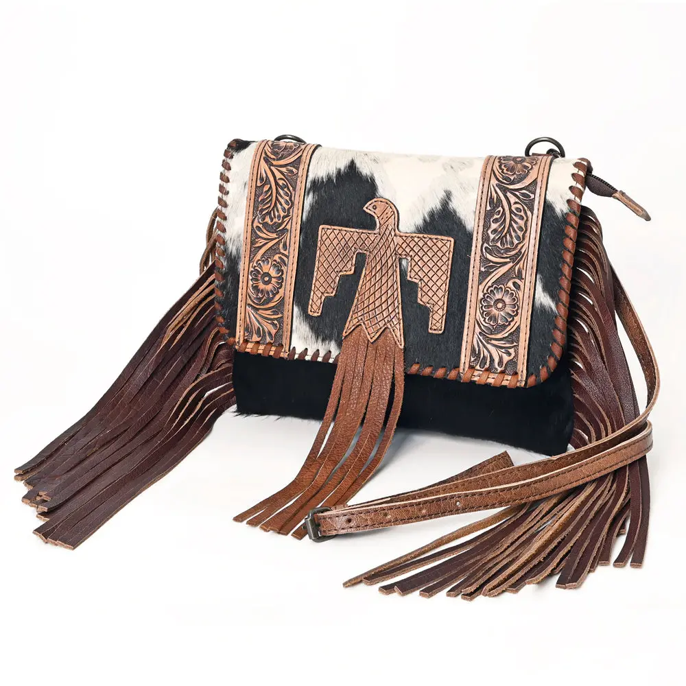 American Darling Envelop Bag Hand Tooled Floral Carved Hair-On Cowhide Leather Crossbody With Fringes And Ykk Zipper 1
