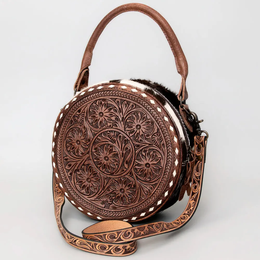 American Darling Canteen Bag Hand Tooled Floral Carved Leather Hair-On Cowhide Buckstitched Vegetable Tanned Genuine Leather 1