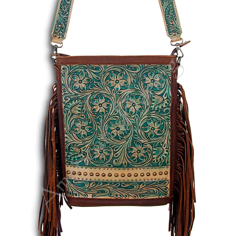 American Darling Large Cross Body Bag Hand Tooled Floral Carved Genuine Leather Fringe Crossbody Vegetable Tanned Leather 1
