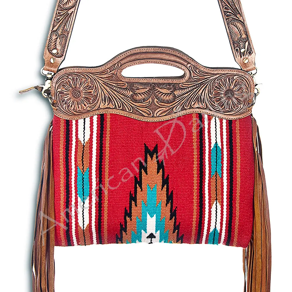 American Darling Clutch Hand Tooled Saddle Blanket Fabric Genuine Leather Western Women Bag Handbag Purse | Purses For Cute 1