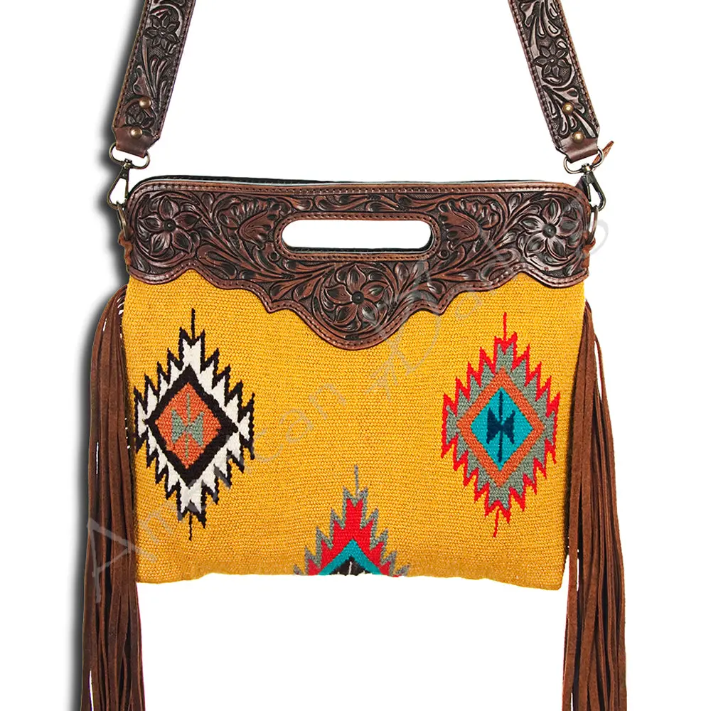 American Darling Western Clutch Bag Hand Tooled Floral Carved Hand Woven Saddle Blanket Leather Crossbody With Fringes 16