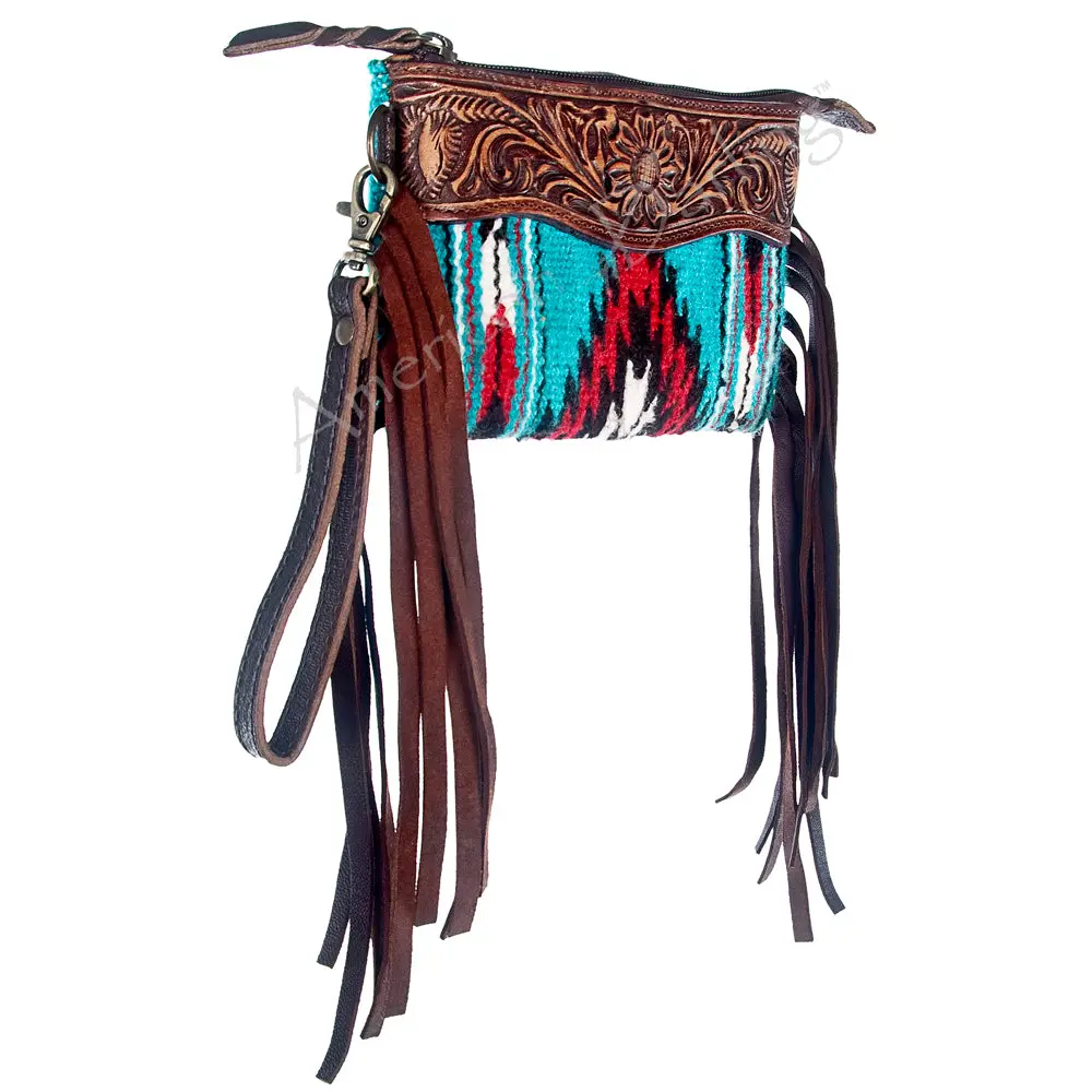 American Darling Clutch Hand Tooled Saddle Blanket Fabric Genuine Leather Western Women Bag Handbag Purse | Purses For Cute 1