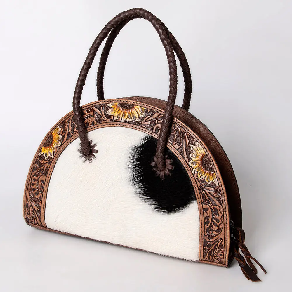 American Darling Taco Bag Hand Tooled Sunflower Carved Hair-On Cowhide Genuine Leather Handbag With Braided Handles 1