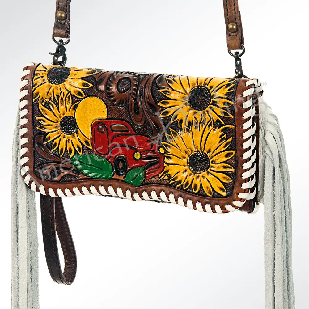American Darling Organiser Bag Hand Tooled Floral Carved Vegetable Tanned Leather Purse Fringes With Ykk Zipper 1