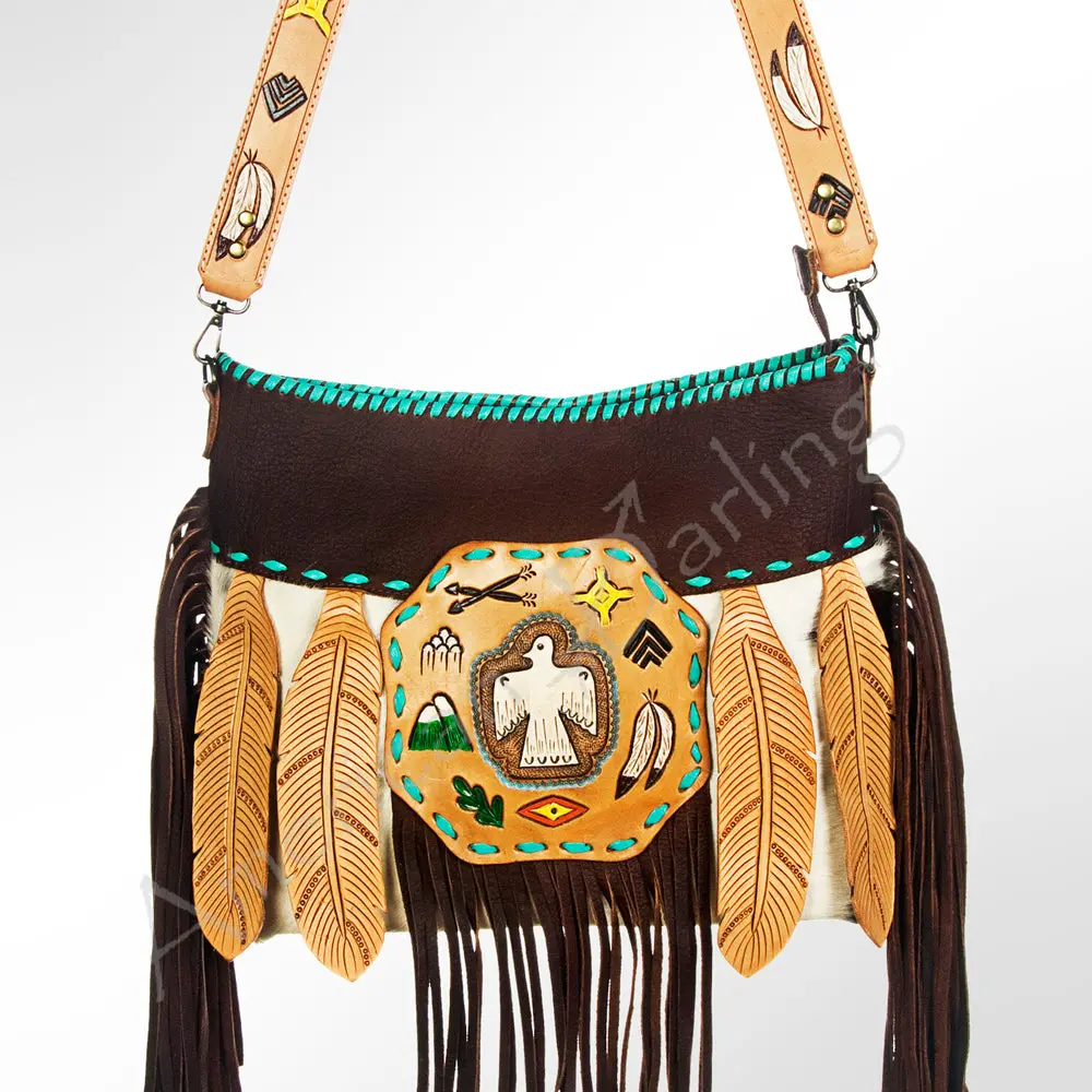 American Darling Tote Bag Hand Tooled Buck Stitched Hair-On Cowhide Genuine Leather Handbag Fringes With Ykk Zipper 1