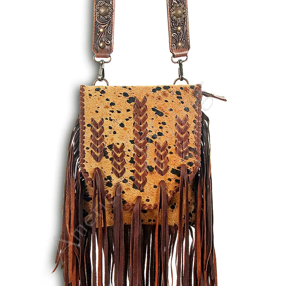 American Darling Cross Body Bag Hand Tooled Floral Strap Hair-On Cowhide Leather Purse Fringes With Ykk Zipper 1