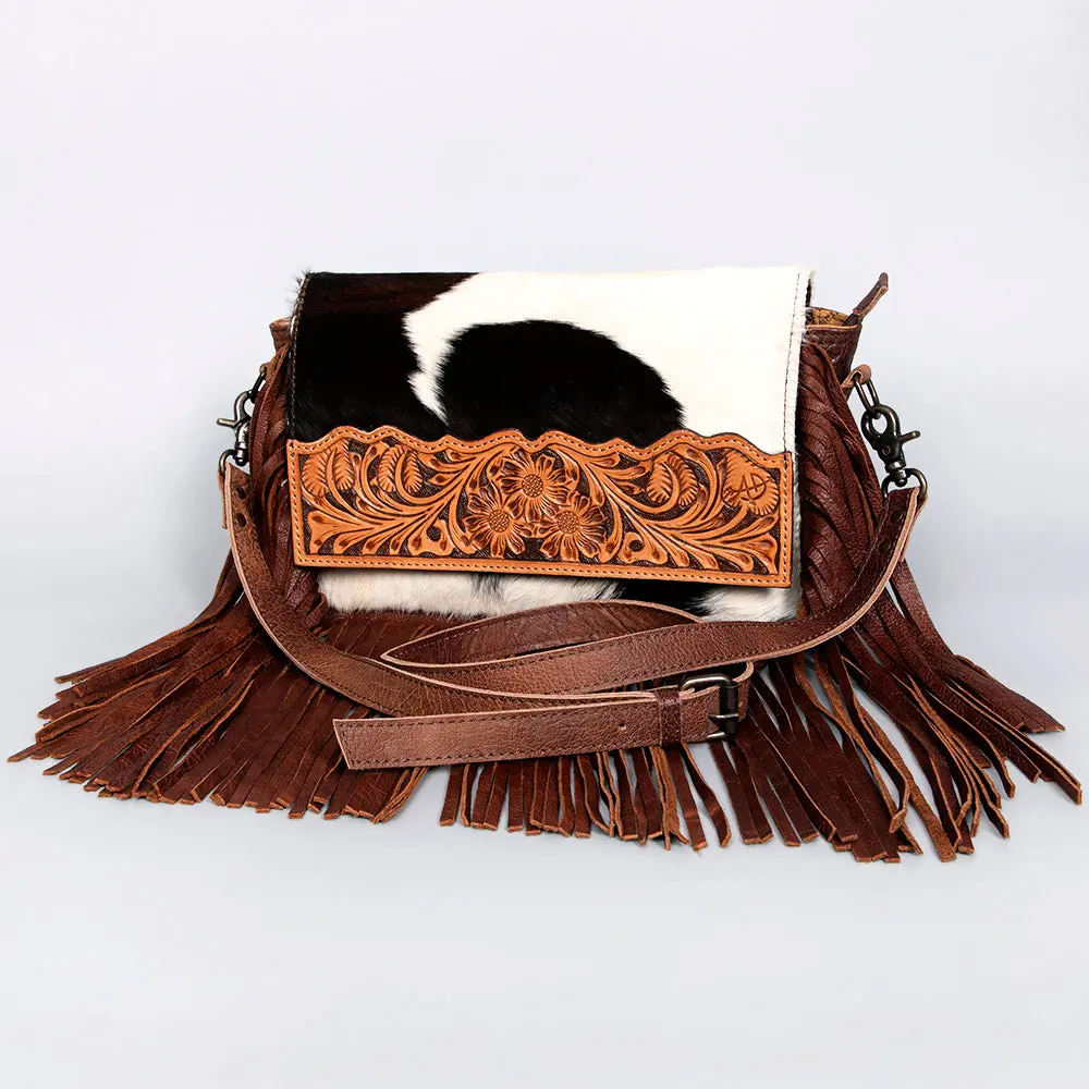 American Darling Small Cross Body Bag Hand Tooled Floral Hair-On Cowhide Genuine Leather Fringed Purse With Ykk Zipper 1