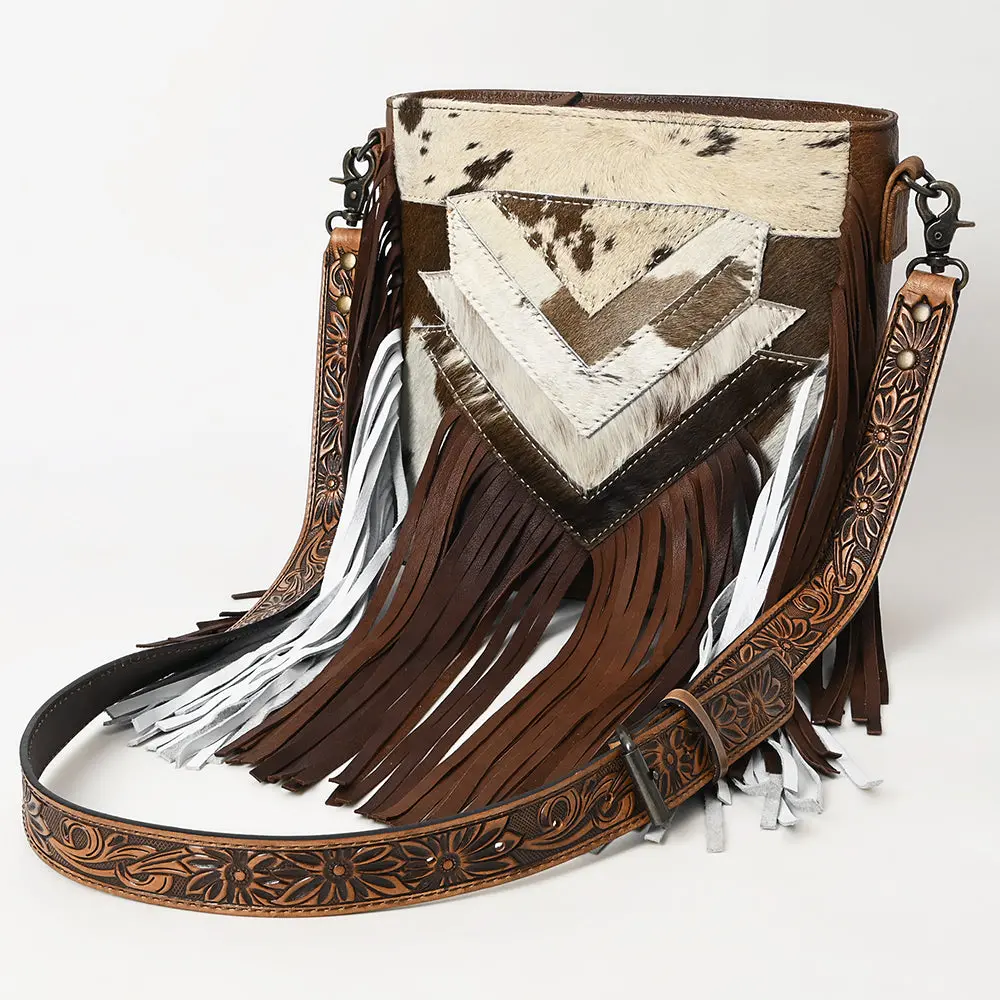 American Darling Large Cross Body Bag Hand Tooled Floral Strap Hair-On Cowhide Leather Crossbody With Fringes & Ykk Zipper 1