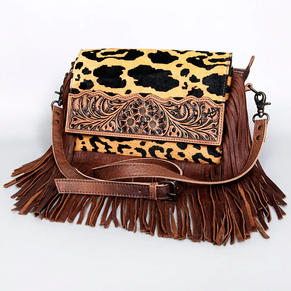 American Darling Small Cross Body Bag Hand Tooled Floral Hair-On Cowhide Genuine Leather Fringed Purse With Ykk Zipper 1