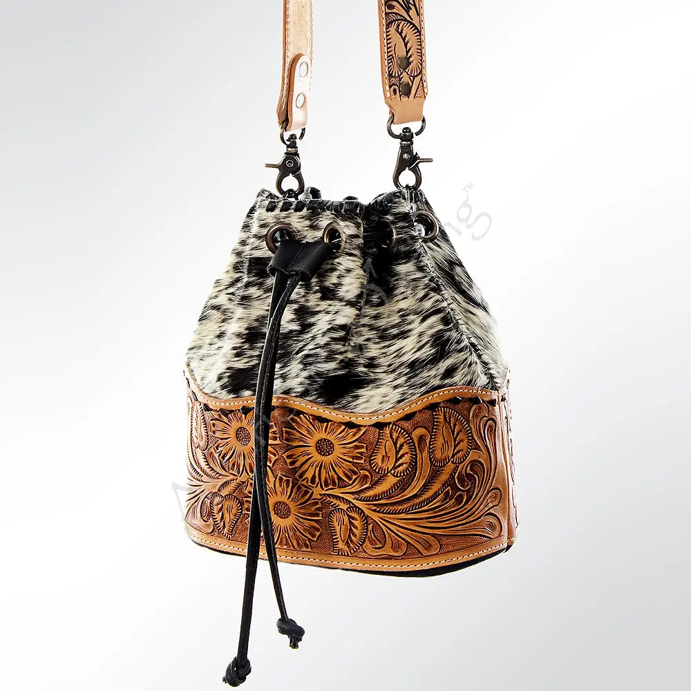 American Darling Bucket Bag Hand Tooled Floral Carved Hair-On Cowhide Genuine Leather Purse Tassels With Ykk Zipper 1