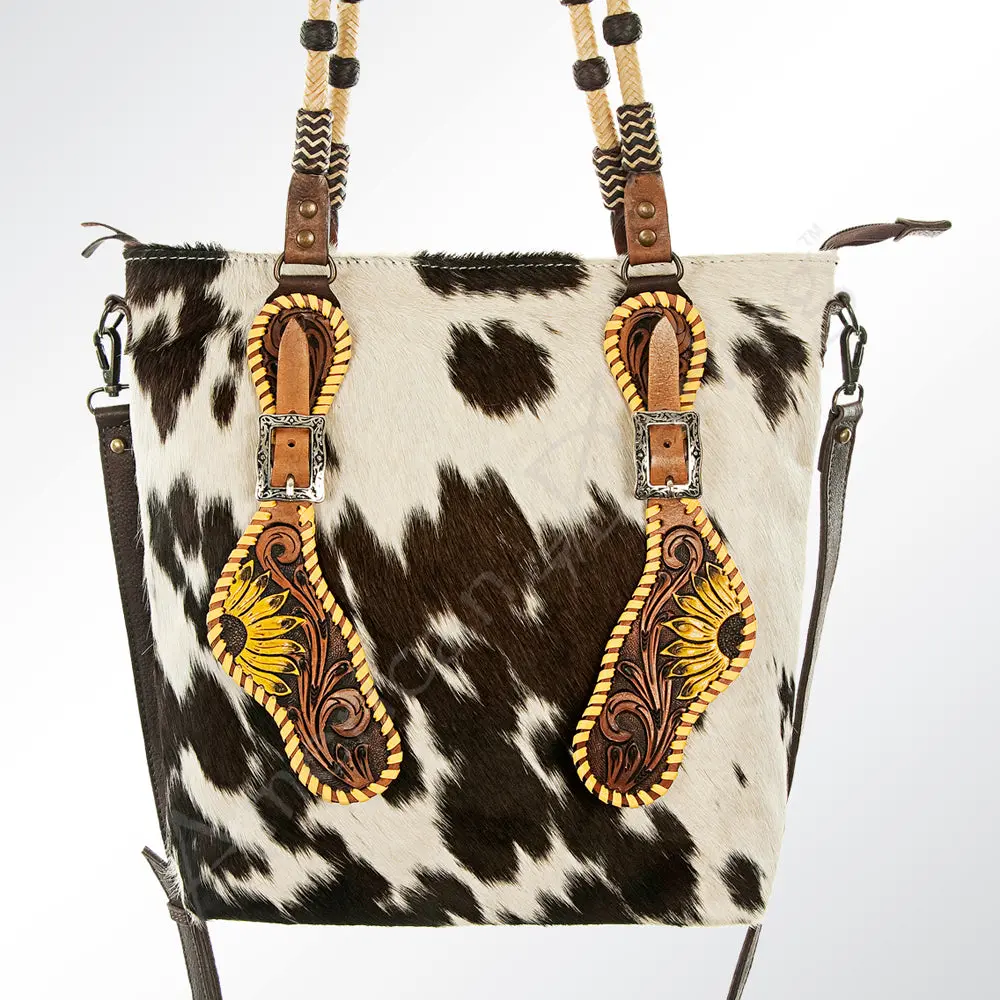 American Darling Tote Bag Hand Tooled Floral Carved Hair-On Cowhide Genuine Leather Shoulder Purse With Ykk Zipper 1