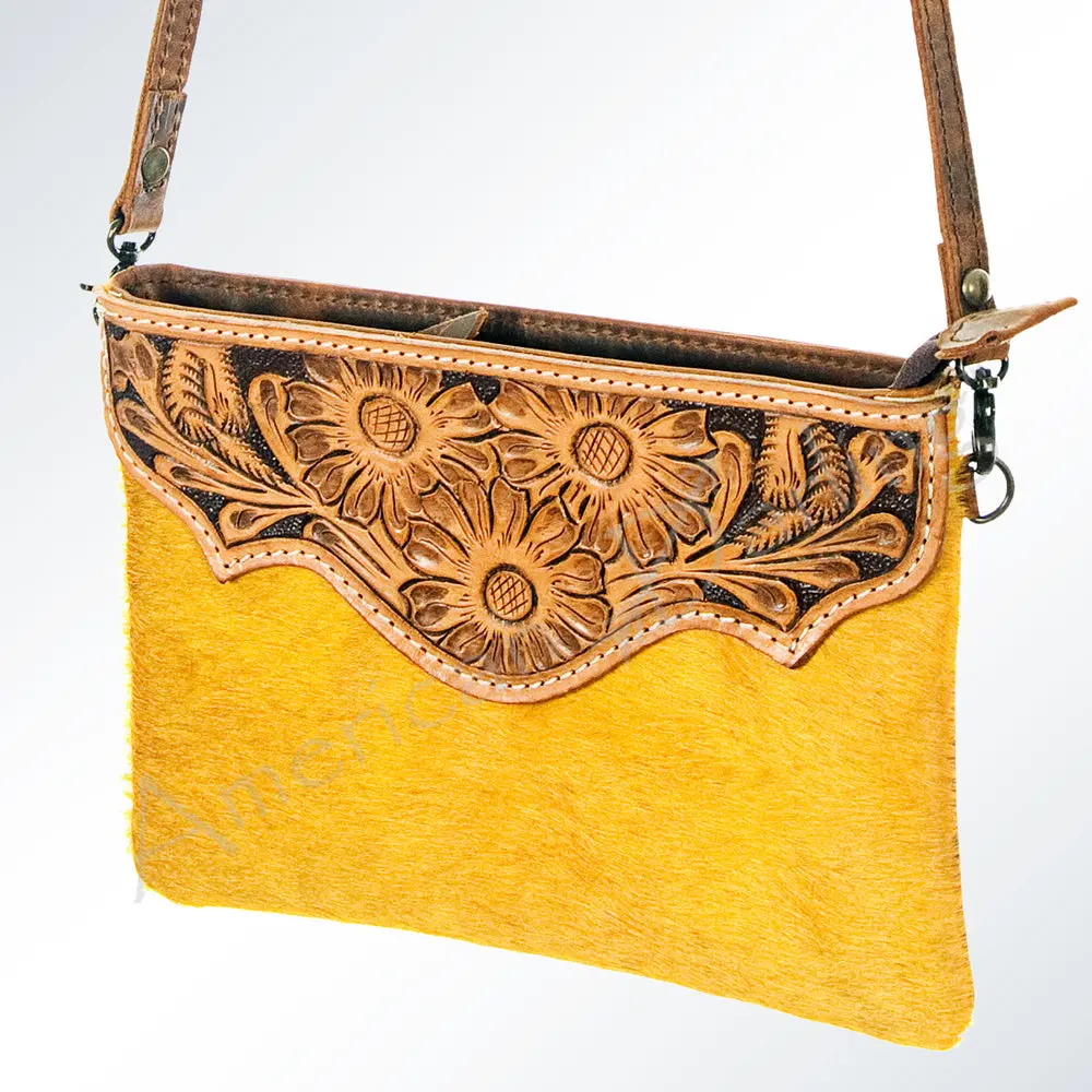American Darling Wallet Bag Hand Tooled Floral Carved Hair-On Cowhide Genuine Leather Purse With Ykk Zipper 1