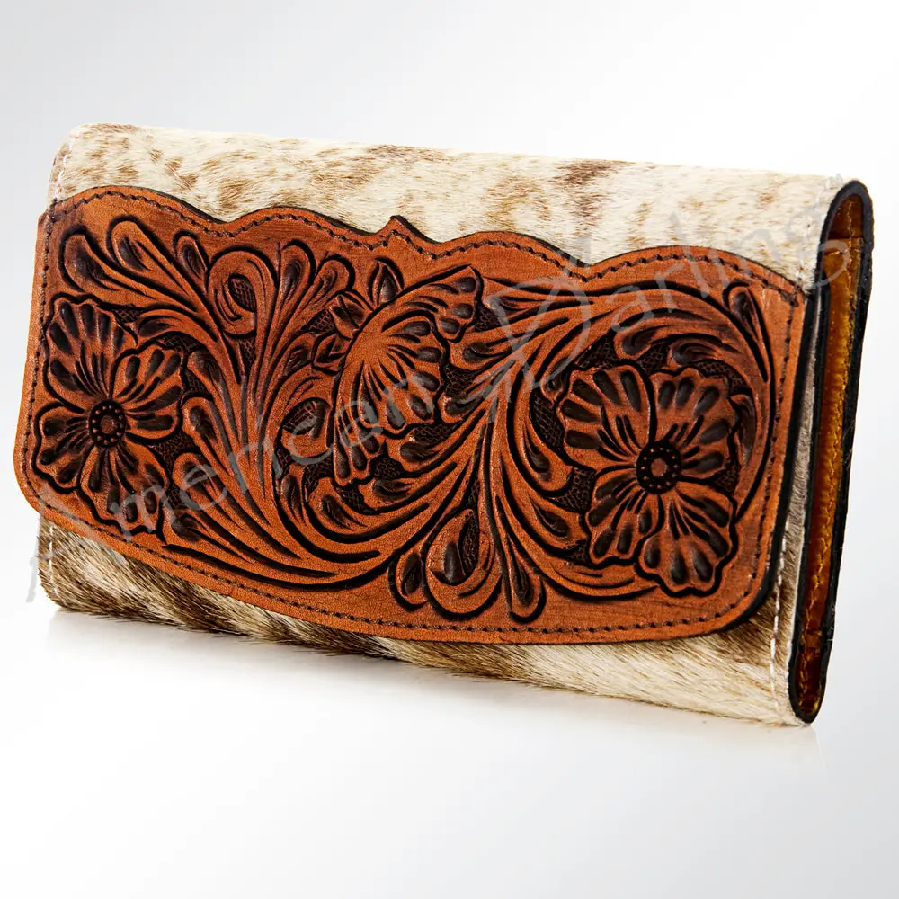 American Darling Wallet Bag Hand Tooled Floral Carved Panel Hair-On Cowhide Leather Purse With Ykk Zipper 1