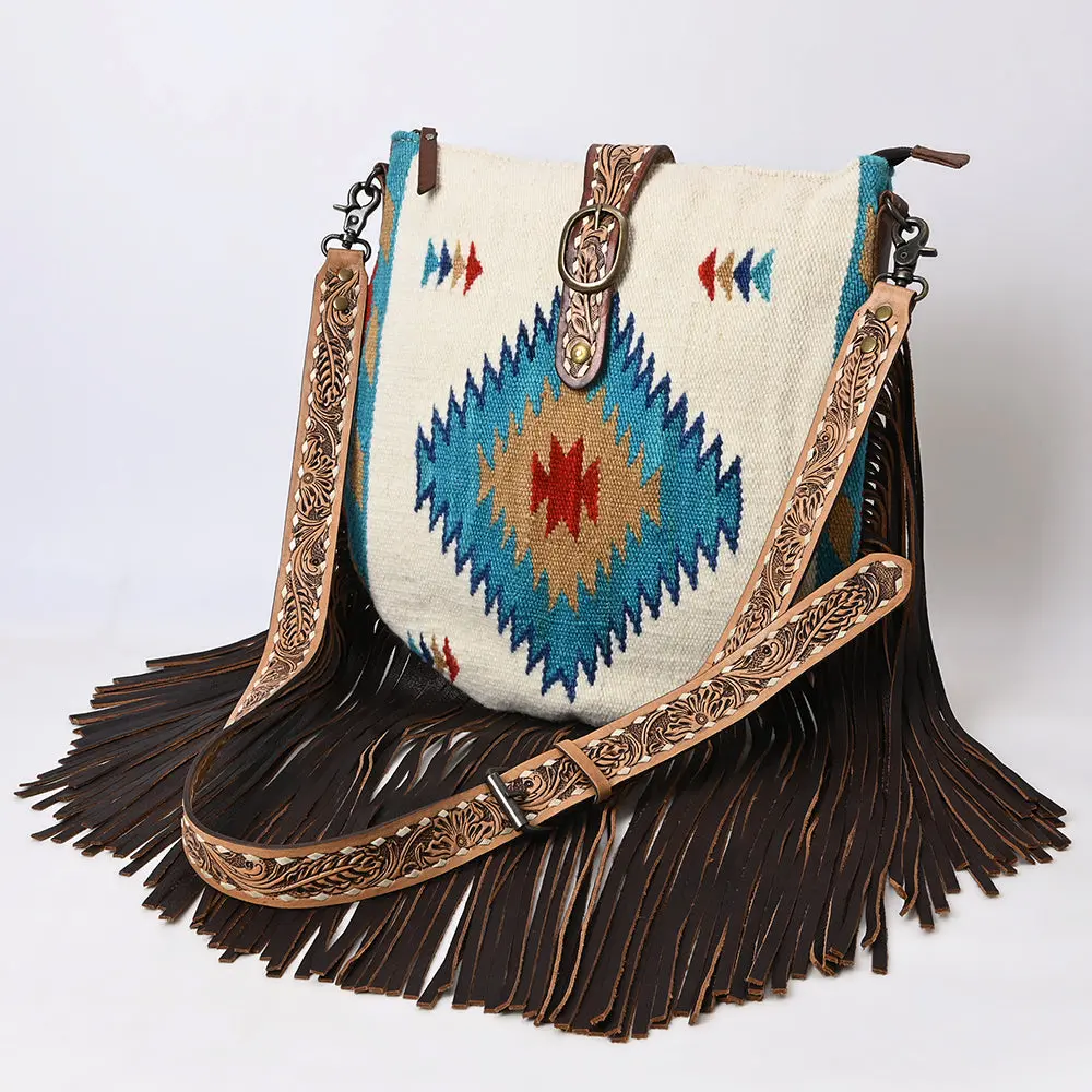 American Darling Large Cross Body Bag Hand Crafted Woven Saddle Blanket Leather Purse Fringes Buck Stitched Ykk Zipper 1