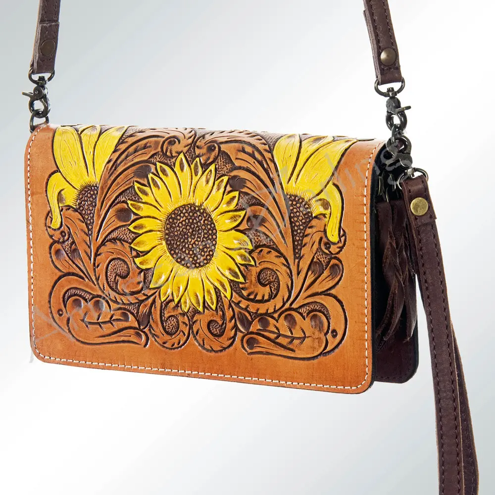 American Darling Organiser Bag Hand Tooled Floral Carved Genuine Leather Western Wallet Sunflower With Ykk Zipper 1