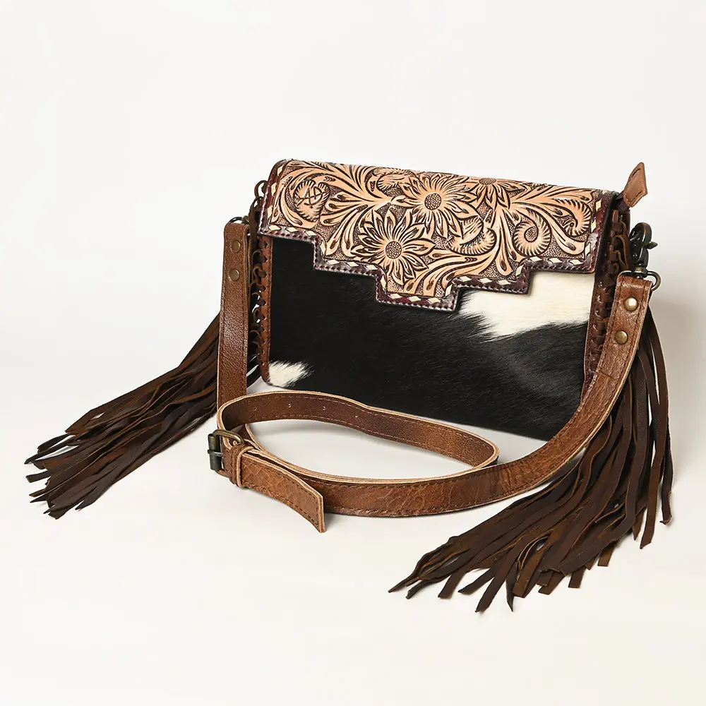 American Darling Small Cross Body Bag Hand Tooled Floral Carved Hair-On Cowhide Leather Purse Fringes Buck Stitched Ykk Zipper 1