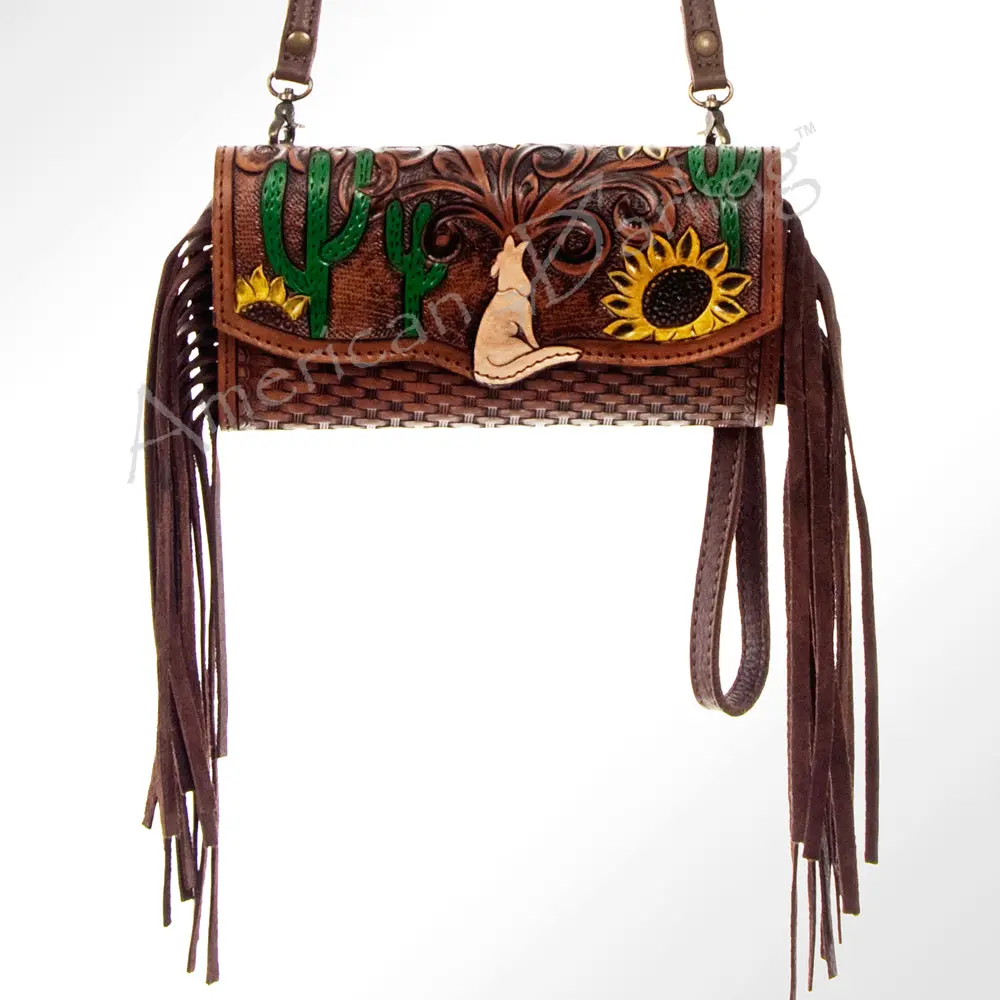 American Darling Wristlet Bag Hand Tooled Floral Carved Basket Weaving Leather Purse Fringes With Ykk Zipper 1