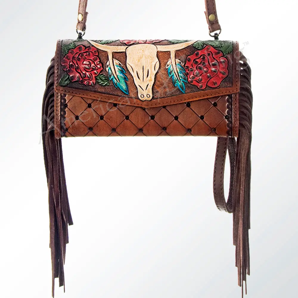 American Darling Wristlet Bag Hand Tooled Floral Carved Basket Weaving Leather Purse Fringes With Ykk Zipper 1