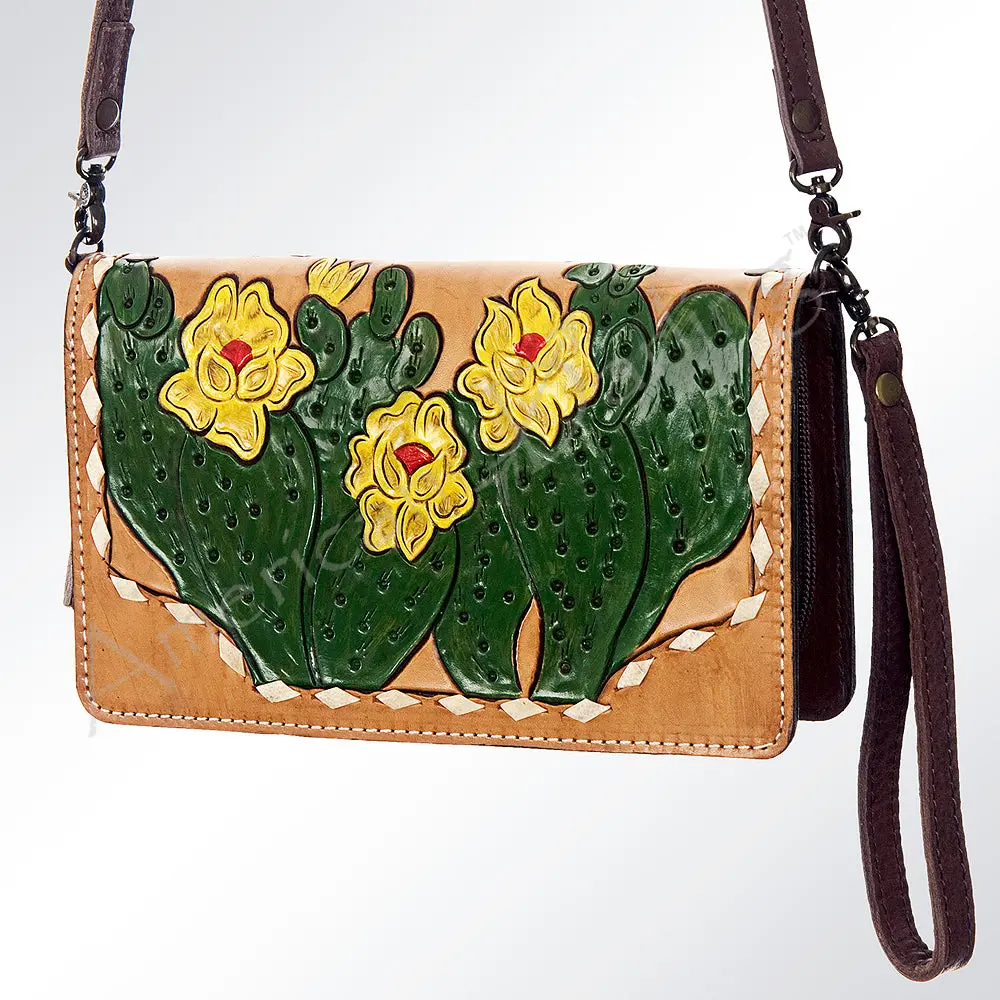American Darling Wallet Bag Hand Tooled Floral Cactus Carved Genuine Leather Western Purse Buckstitched With Ykk Zipper 1