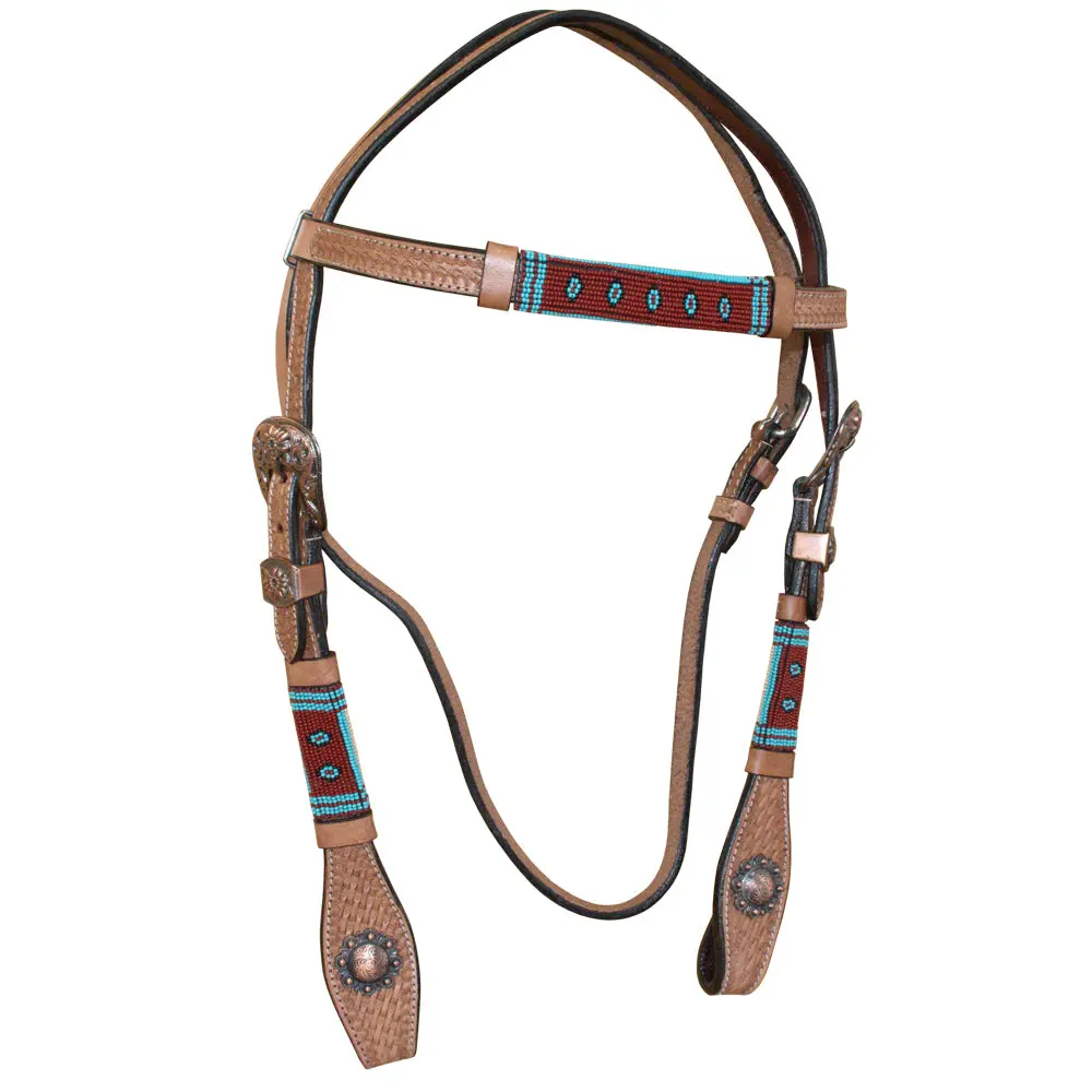 Western Horse Breast Collar Leather Tan Basket Weave With Beaded 2