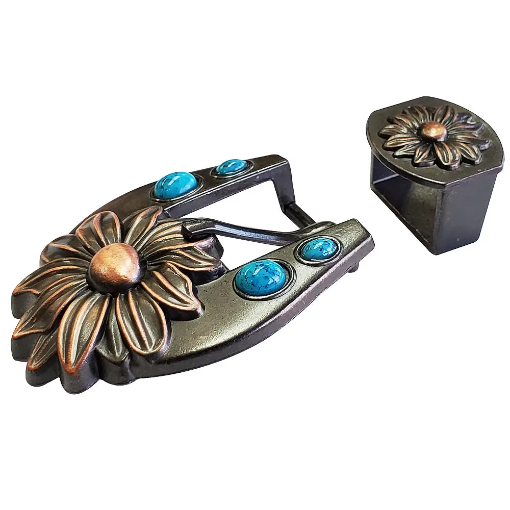 3/4 In Hilason Western Floral Belt Buckle & Keeper Antique Copper Finishing Turquoise Stone Concho Tack Headstall 1