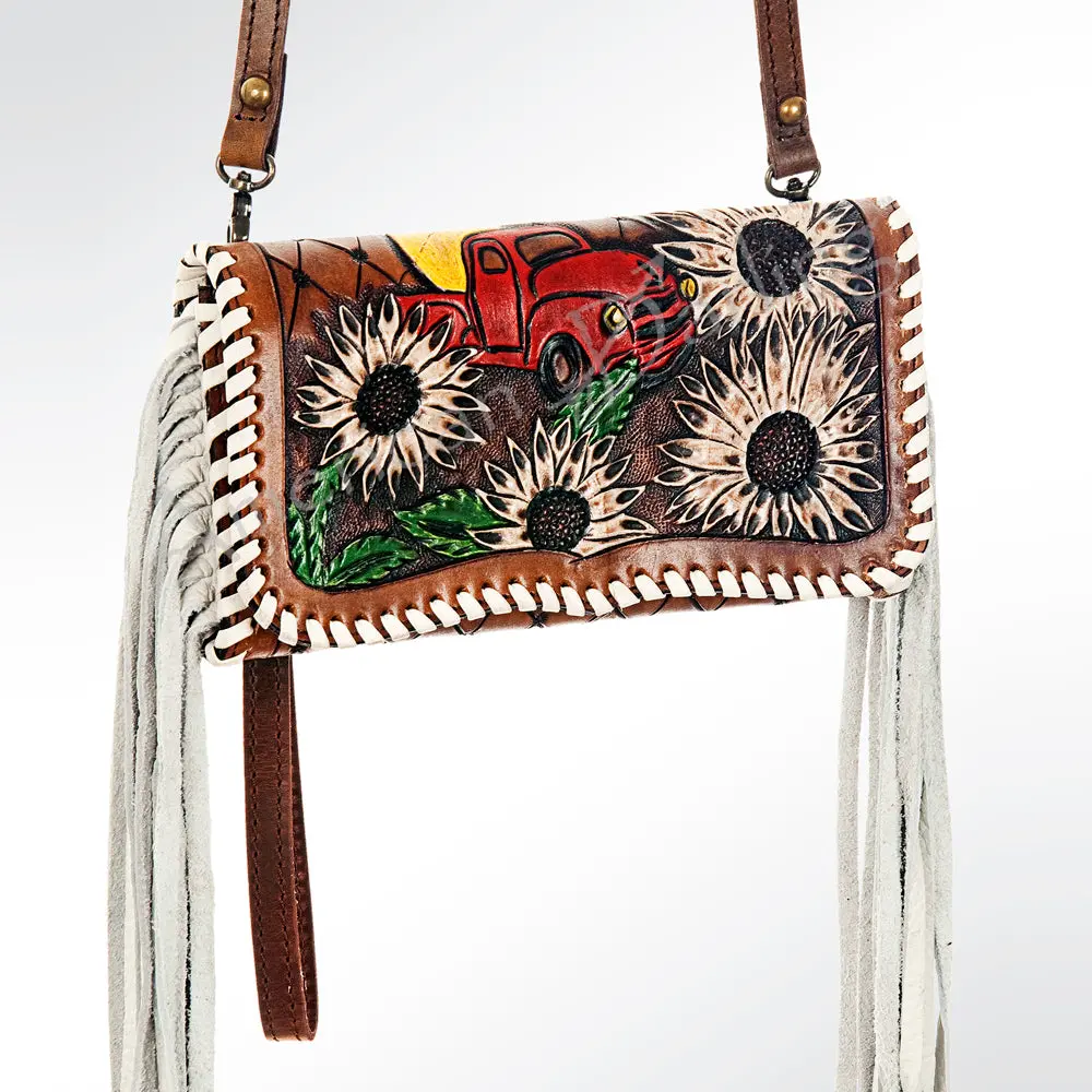 American Darling Organiser Bag Hand Tooled Floral Carved Genuine Leather Western Purse With Fringes And Ykk Zipper 1
