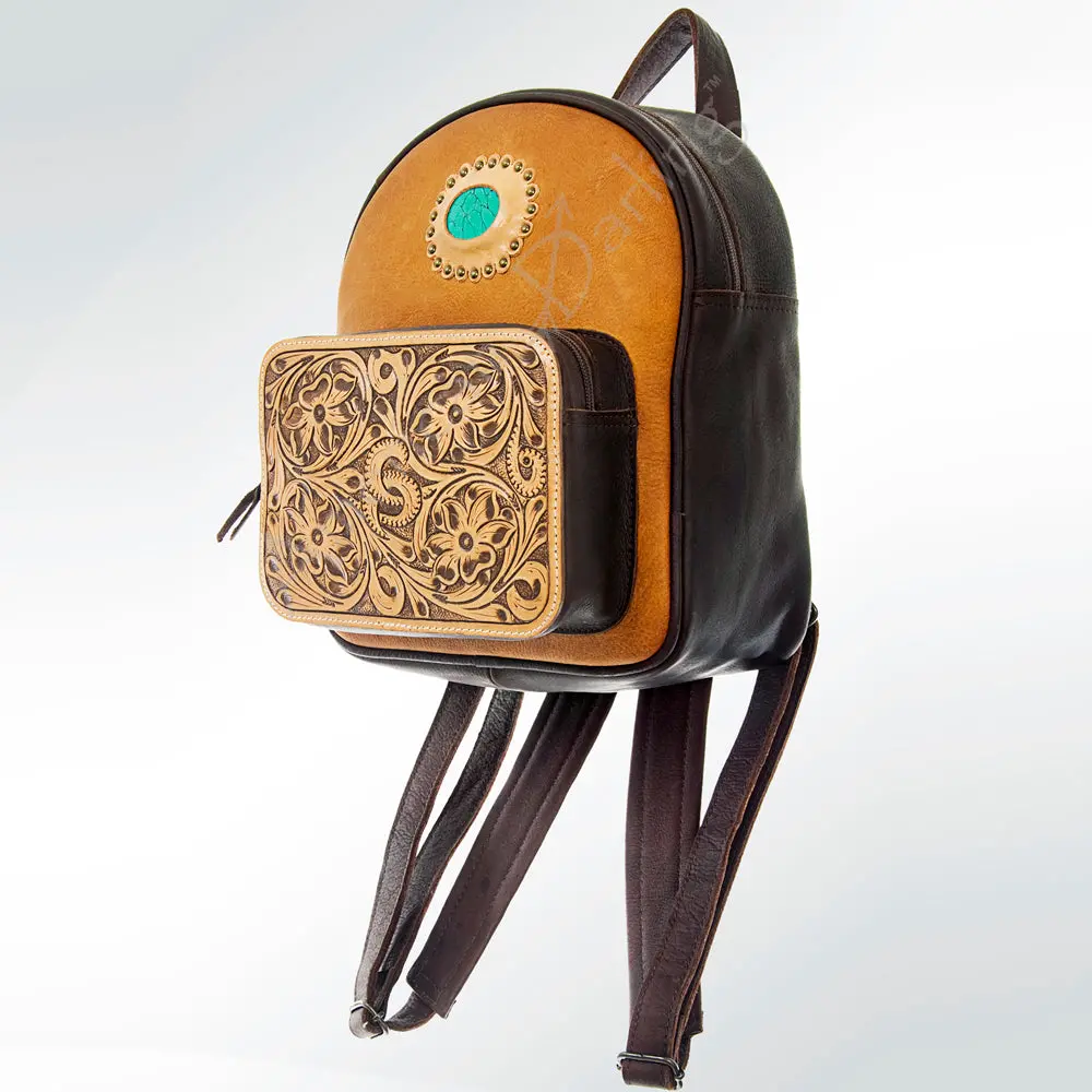American Darling Backpack Hand Tooled Floral Carved Genuine Leather Western Rucksack Turquoise Concho Ykk Zipper 1